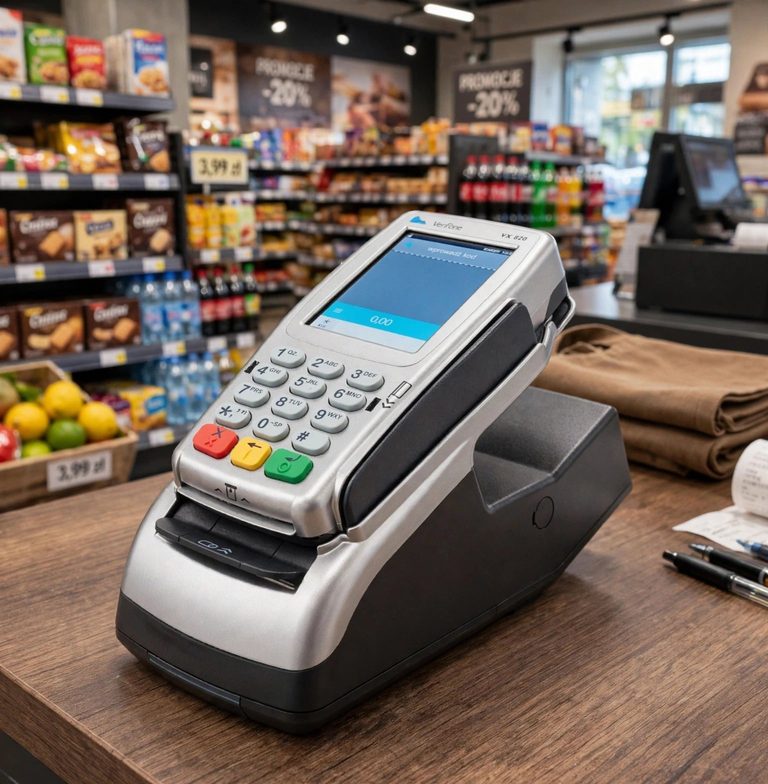 Terminal płatniczy z kasą fiskalną Verifone na drewnianym ladzie w sklepie spożywczym – kasy fiskalne Rzeszów
